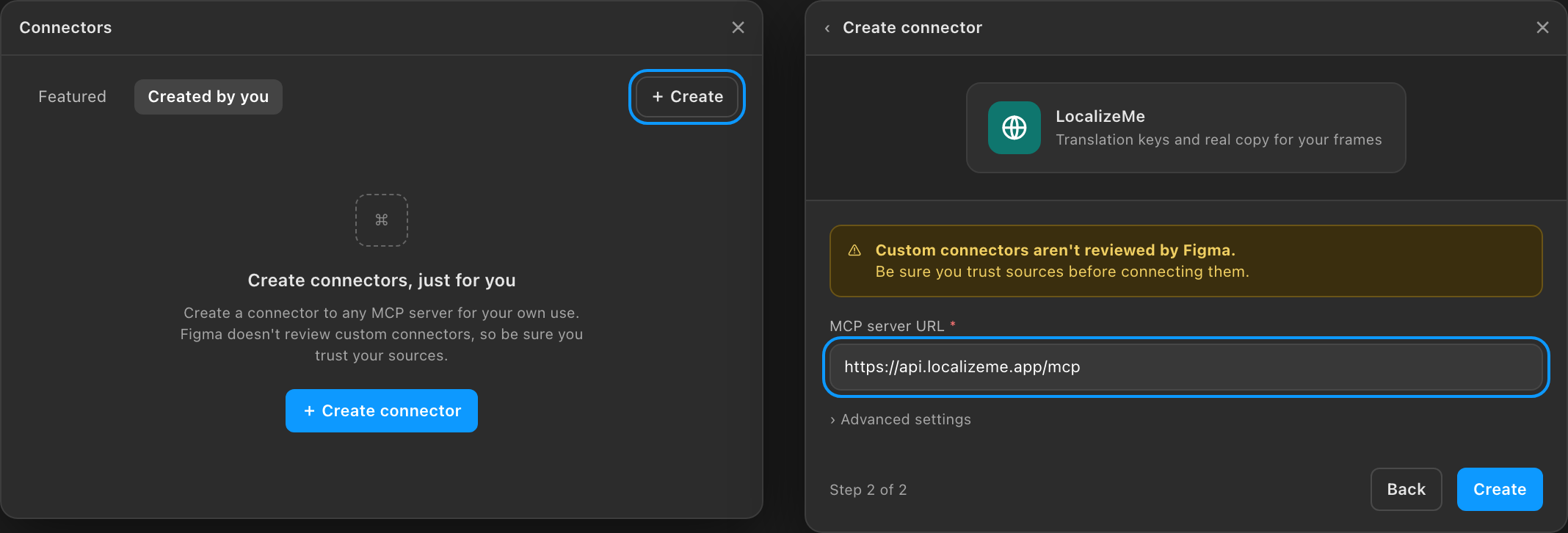 Figma’s Connectors dialog on the Created by you tab, and the Create connector form with the LocalizeMe server URL filled in