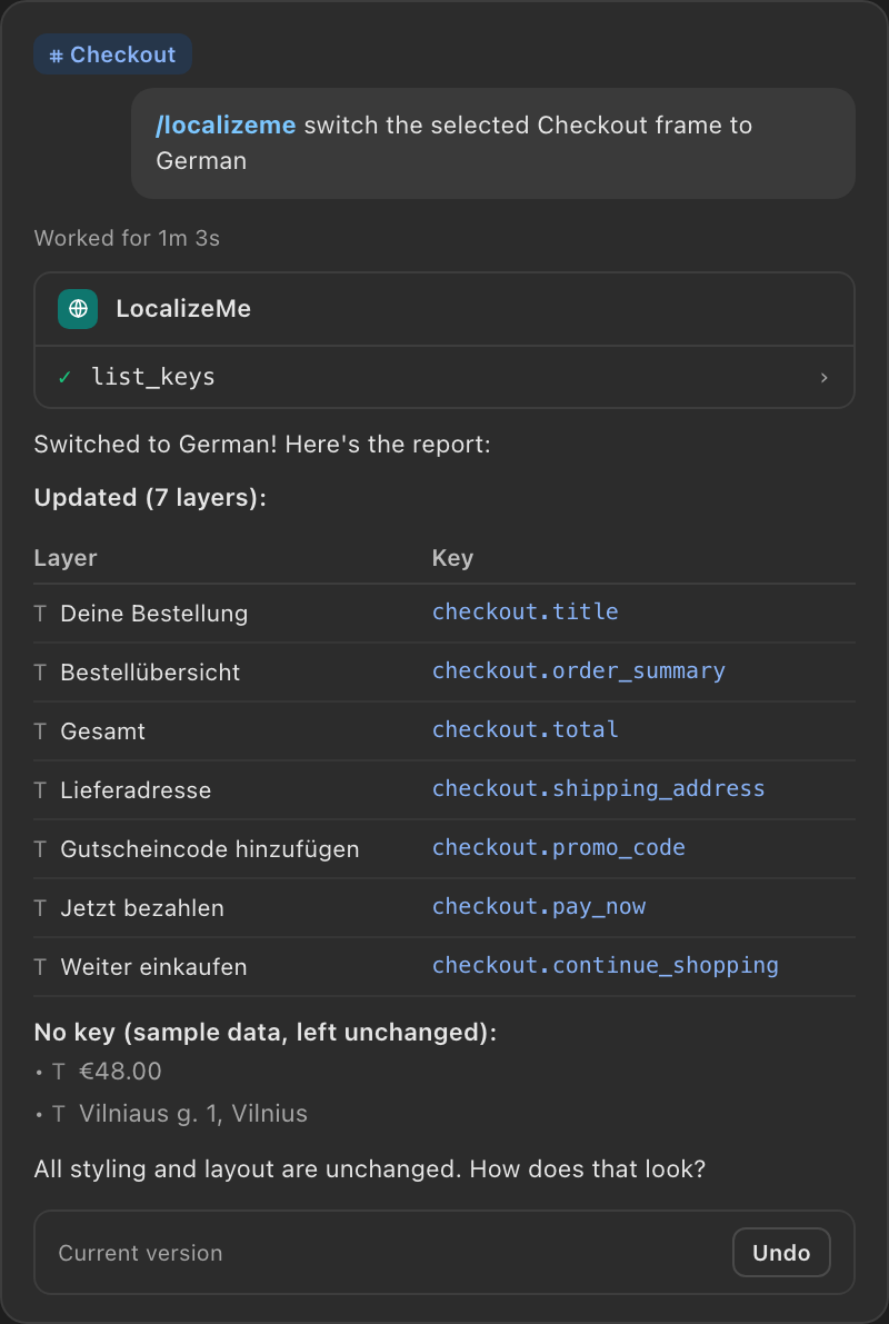 The Figma agent after a pull: the localizeme command, the list_keys call, and a table of seven layers matched to keys