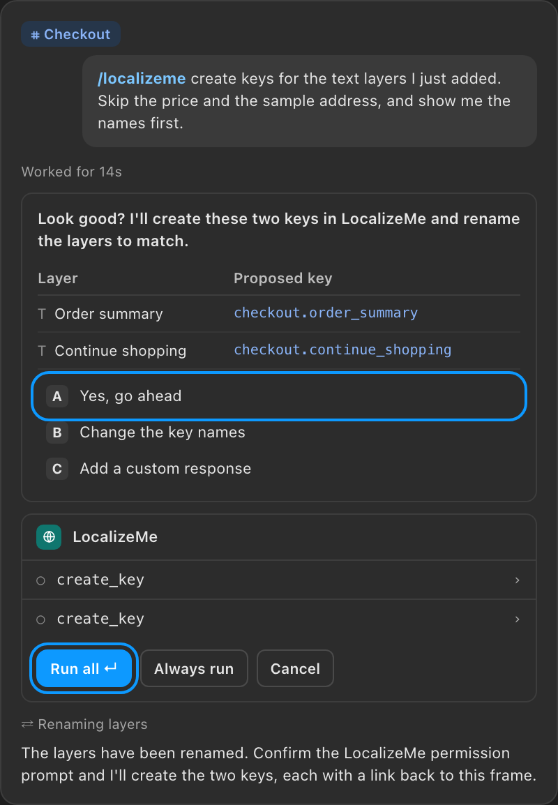 The Figma agent proposing two keys, waiting for approval, then asking permission to run create_key twice