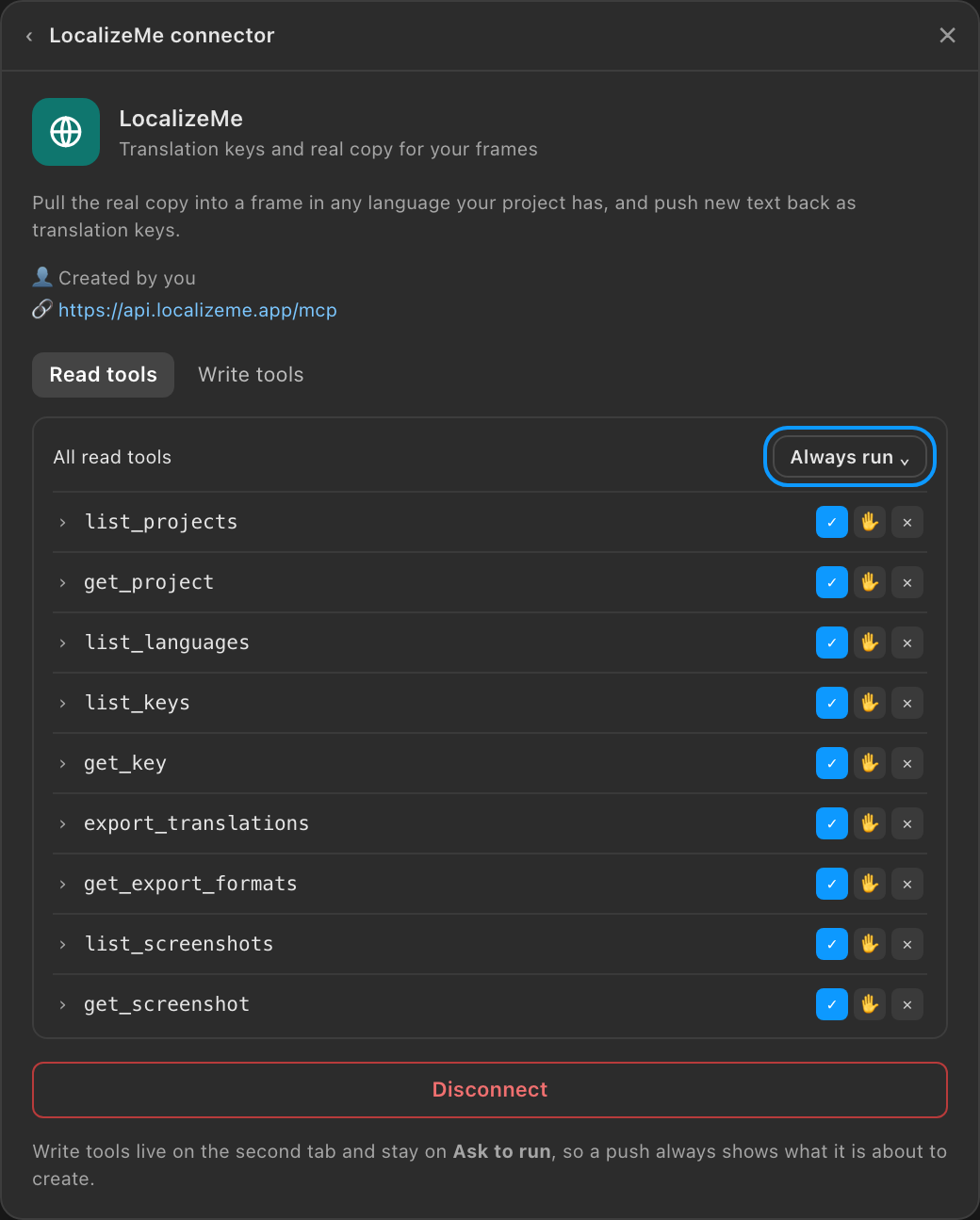 The LocalizeMe connector panel in Figma, Read tools tab, with the whole group set to Always run