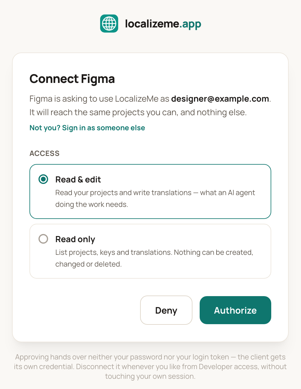 The LocalizeMe consent screen asking whether Figma may read and edit, or only read